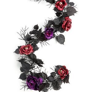Holiday Lane Halloween Red & Purple Floral Garland with Black leaves & decorativ